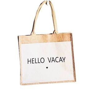 HELLO VACAY Printed Burlap Tote